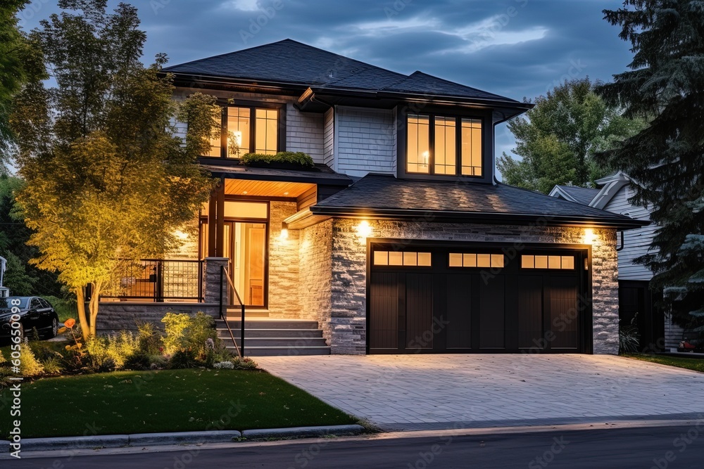 Cutting-Edge Styling and Natural Stone Elements Complement Vibrant Fresh Construction Residence with Double Garage and Gray Siding, generative AI