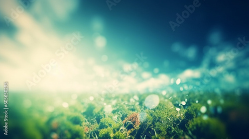 View of the green field in the morning on bokeh background. Generative AI © Daniel
