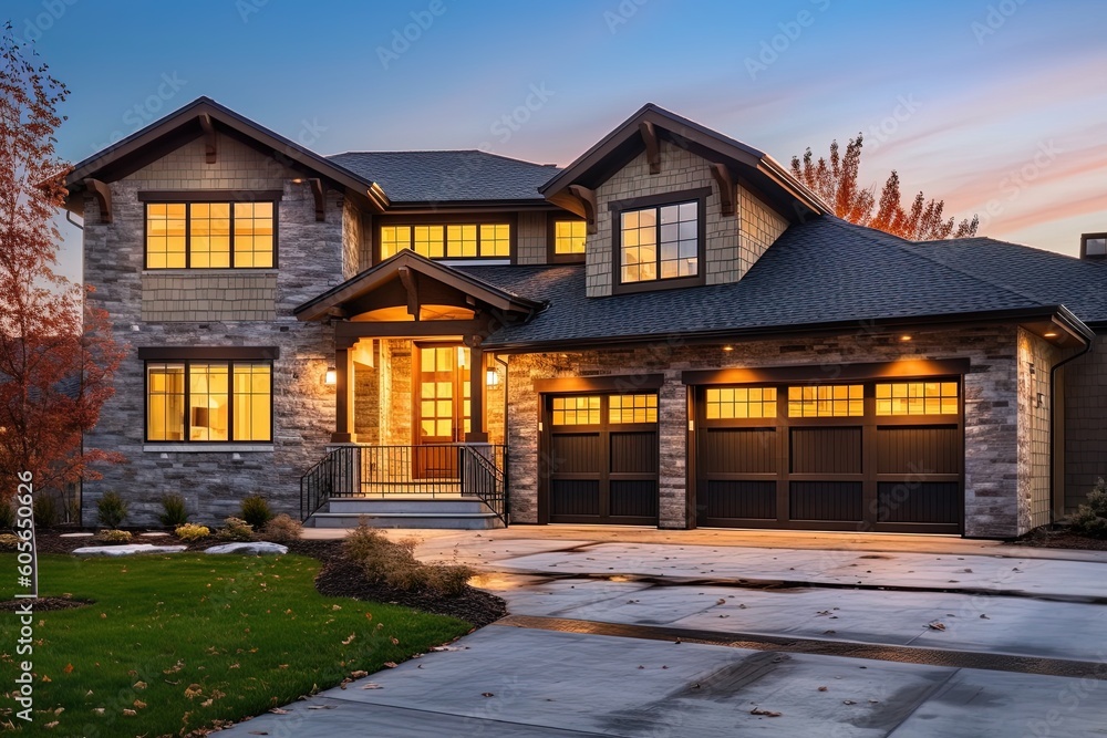 Cutting-Edge Styling Meets Vibrant Fresh Design: A Double Garage Residence with Light Green Siding and Natural Stone Elements, generative AI Cutting-Edge Styling Meets Vibrant Fresh Design: A Double Garage Residence with Light Green Siding and Natural Stone Elements, generative AI