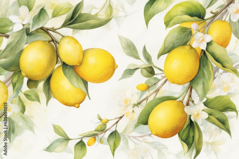 Set of watercolor illustrations of lemons. Hand painted tree branch ripe lemons with green leaves on white background for your design.