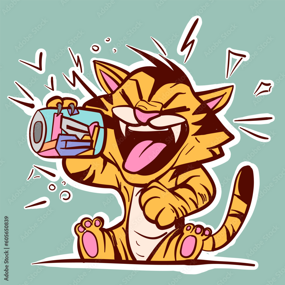 Digital art of a cartoon tiger drinking soda from a metal can. Wild animal having an energy drink sitting down.