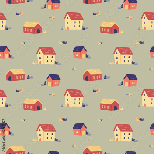 Vector seamless pattern with tiny cartoon houses and pushes on soft muted green background