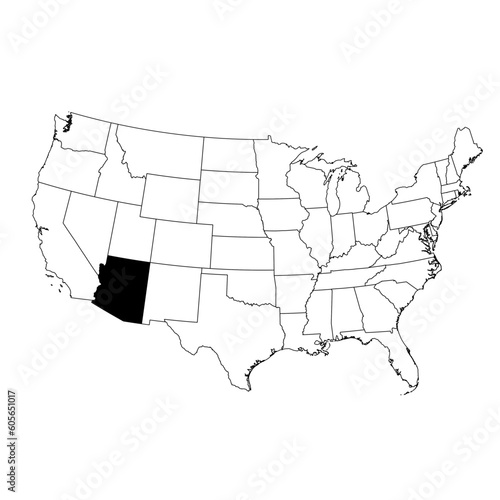 Vector map of the state of Arizona highlighted highlighted in black on the map of the United States of America.