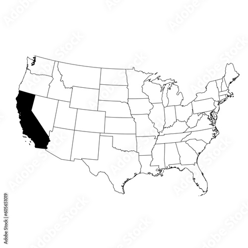 Vector map of the state of California highlighted in black on the map of the United States of America.