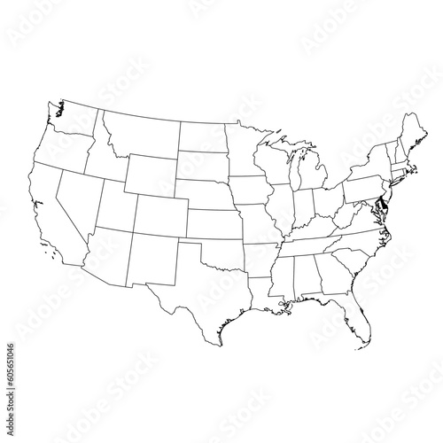 Vector map of the state of Delaware highlighted in black on the map of the United States of America.