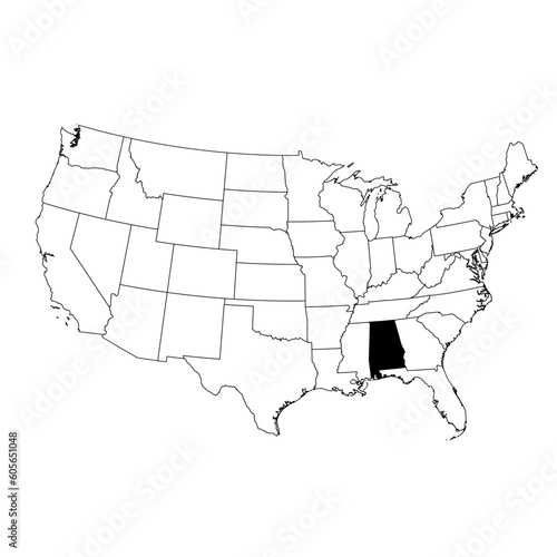 Vector map of the state of Alabama highlighted in black on the map of the United States of America.