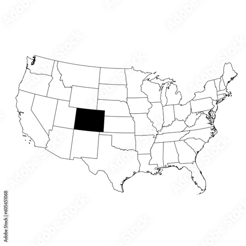 Vector map of the state of Colorado highlighted in black on the map of the United States of America.