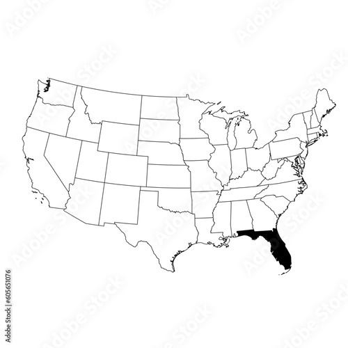 Vector map of the state of Florida highlighted in black on the map of the United States of America.