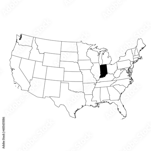 Vector map of the state of Indiana highlighted in black on the map of the United States of America.