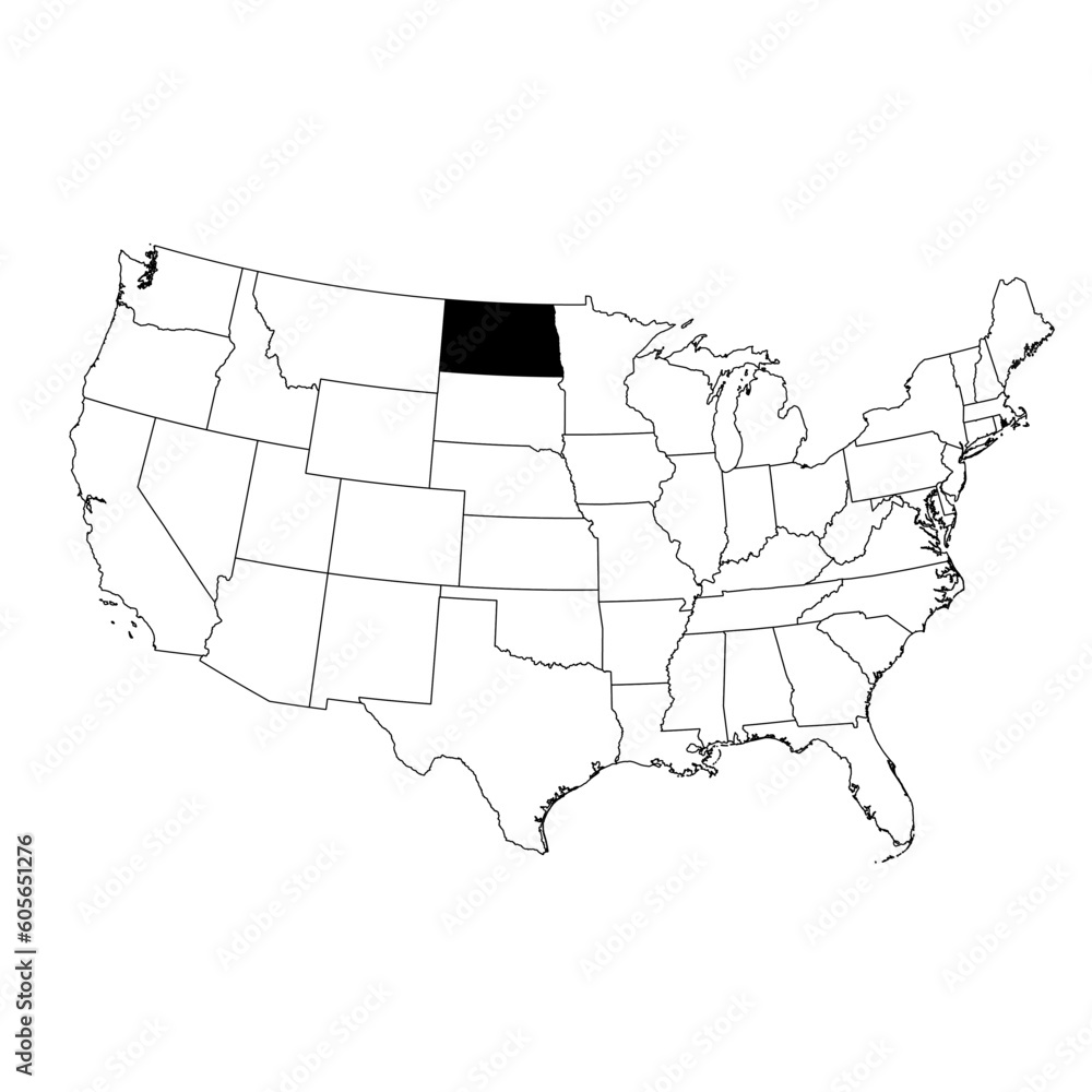 Fototapeta premium Vector map of the state of North Dakota highlighted in black on the map of the United States of America.