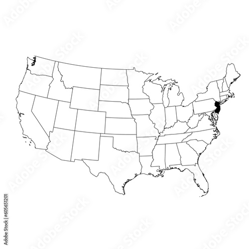 Vector map of the state of New Jersey highlighted in black on the map of the United States of America.