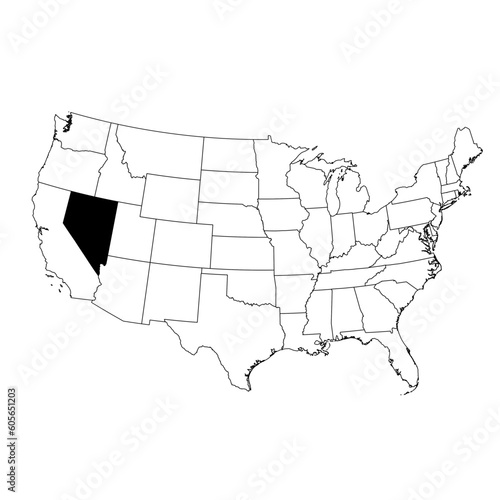 Vector map of the state of Nevada highlighted in black on the map of the United States of America.