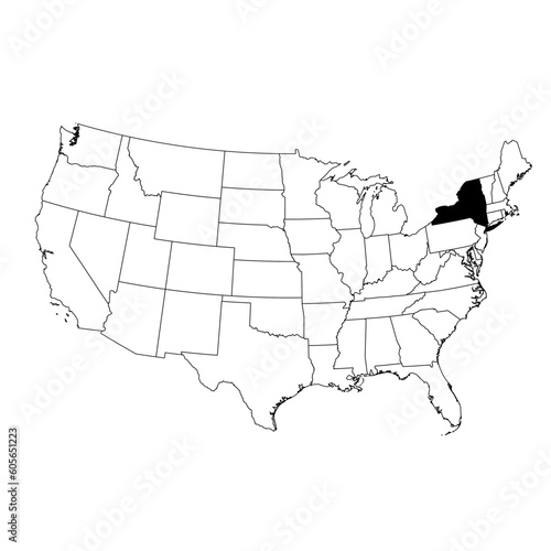 Vector map of the state of New York highlighted in black on the map of the United States of America.