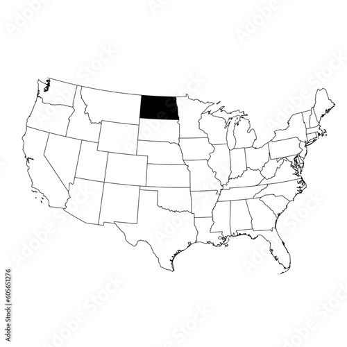 Vector map of the state of North Dakota highlighted in black on the map of the United States of America.