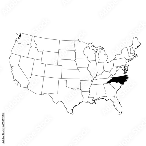 Vector map of the state of North Carolina highlighted in black on the map of the United States of America.