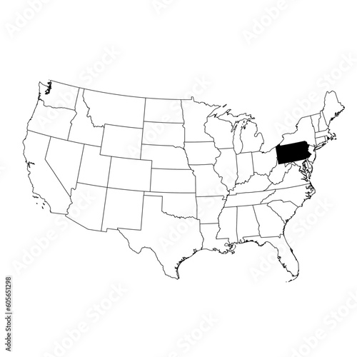 Vector map of the state of Pennsylvania highlighted in black on the map of the United States of America.