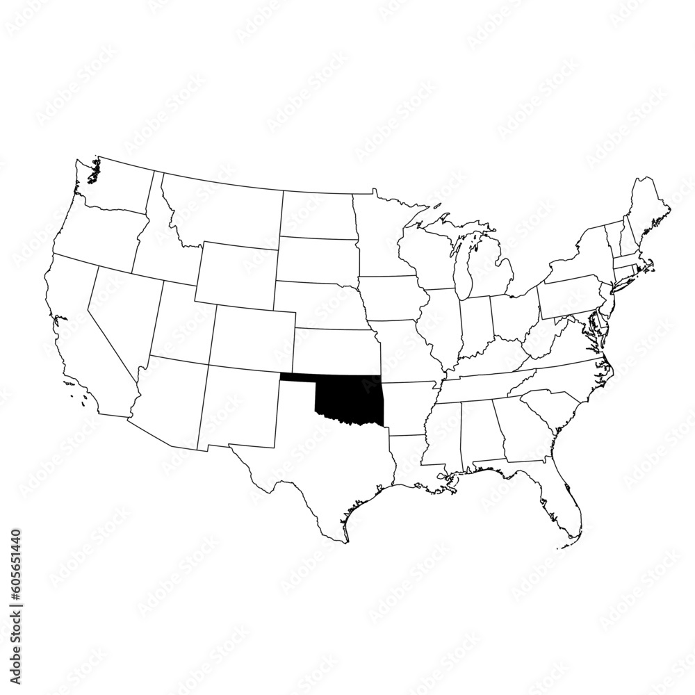 Fototapeta premium Vector map of the state of Oklahoma highlighted in black on the map of the United States of America.