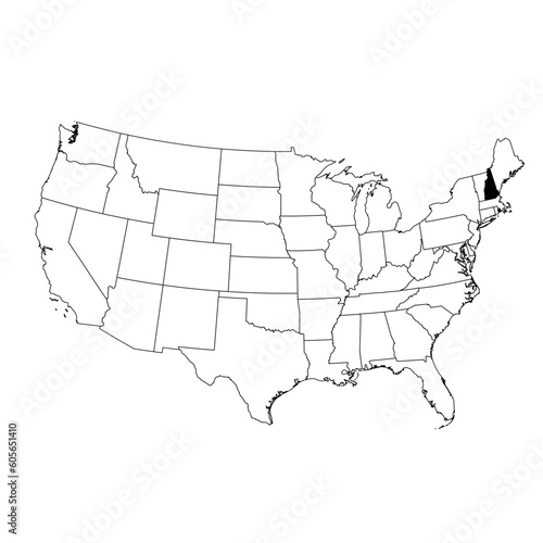 Vector map of the state of New Hampshire highlighted in black on the map of the United States of America.