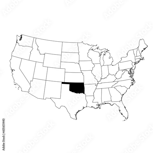 Vector map of the state of Oklahoma highlighted in black on the map of the United States of America.