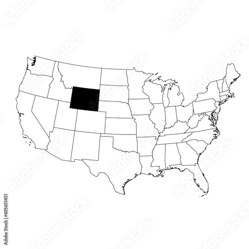 Vector map of the state of Wyoming highlighted in black on the map of the United States of America.