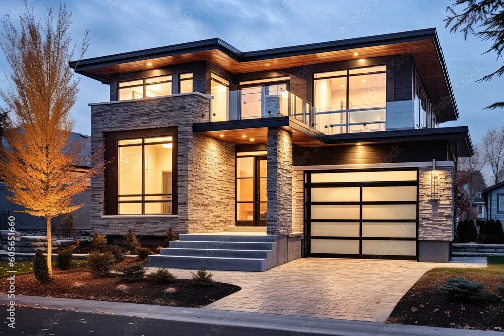 Cutting-Edge Styling Meets Vibrant Freshness: A Double-Garage Residence with Dark Gray Siding and Natural Stone Accents, generative AI Cutting-Edge Styling Meets Vibrant Freshness: A Double-Garage Residence with Dark Gray Siding and Natural Stone Accents, generative AI