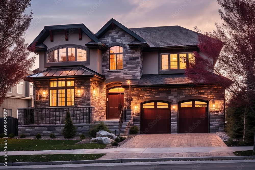 Cutting-Edge Styling meets Natural Stone Elements in Vibrant Fresh Construction Residence with Double Garage and Burgundy Siding, generative AI Cutting-Edge Styling meets Natural Stone Elements in Vibrant Fresh Construction Residence with Double Garage and Burgundy Siding, generative AI