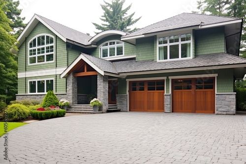 Cutting-Edge Styling and Natural Stone Accents in a Vibrant Fresh Residence with Double Garage and Light Green Siding, generative AI