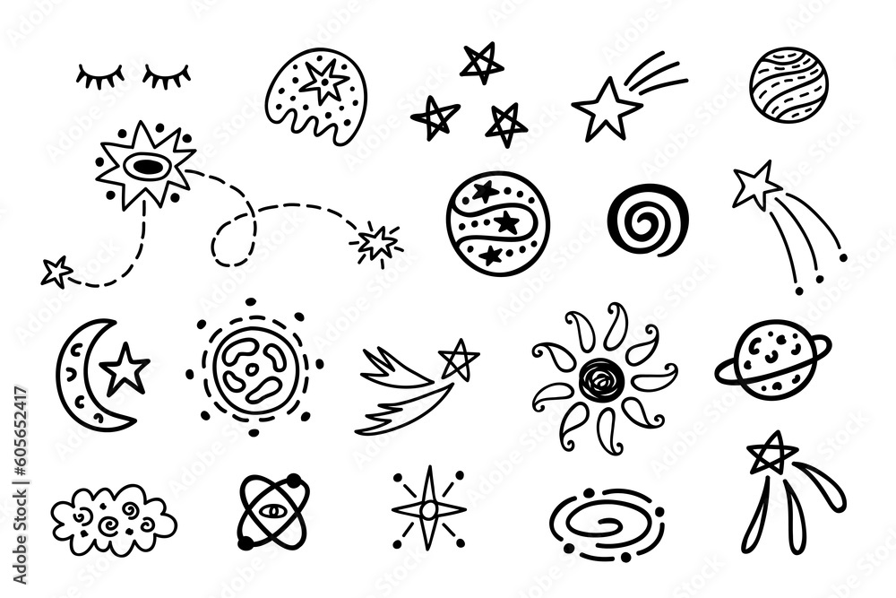 Outer Space cute cosmic hand drawn doodles set.