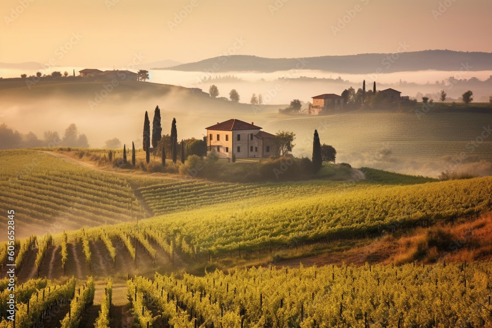 Fototapeta premium Beautiful morning in Tuscany Italy. Serene morning scene bathed in warm, golden light. Ai generated
