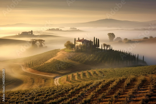 Beautiful morning in Tuscany Italy. Serene morning scene bathed in warm  golden light. Ai generated