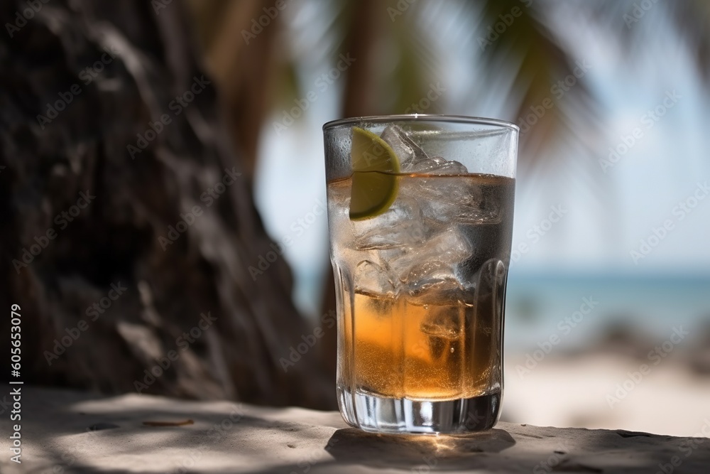 A carbonated drink With ice in a glass hot day against the backdrop of a sea beach under the palm trees. Dirty soda. generative ai A carbonated drink With ice in a glass hot day against the backdrop of a sea beach under the palm trees. Dirty soda. generative ai