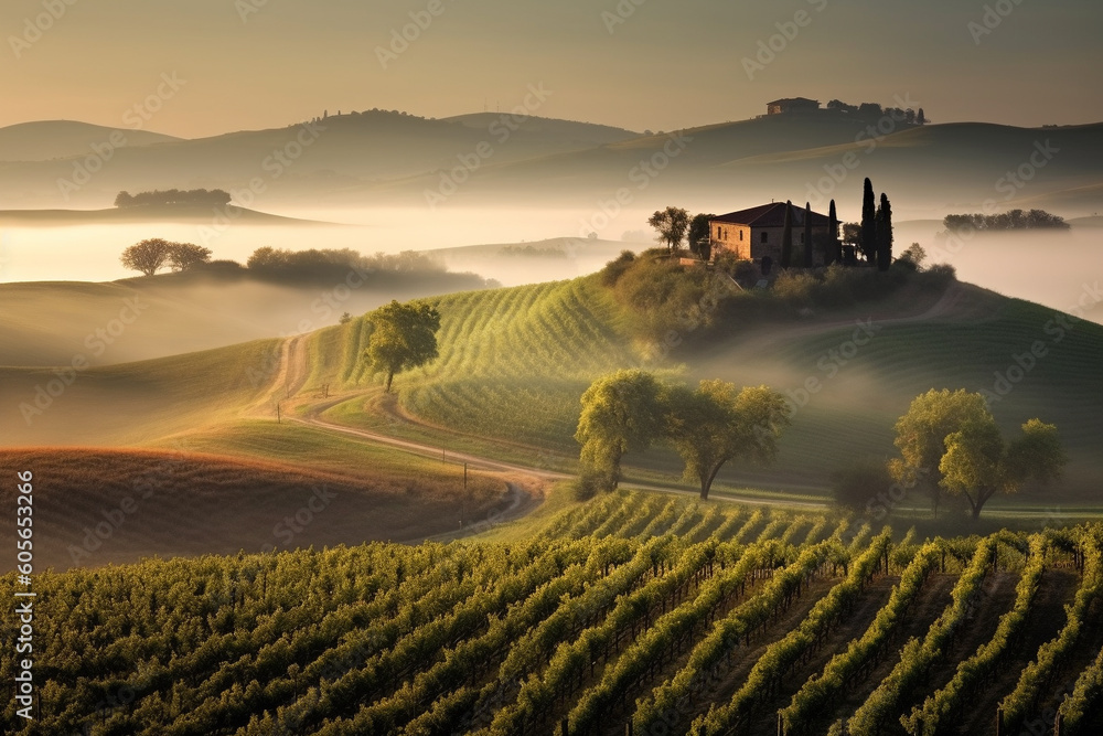 Fototapeta premium Beautiful morning in Tuscany Italy. Serene morning scene bathed in warm, golden light. Ai generated