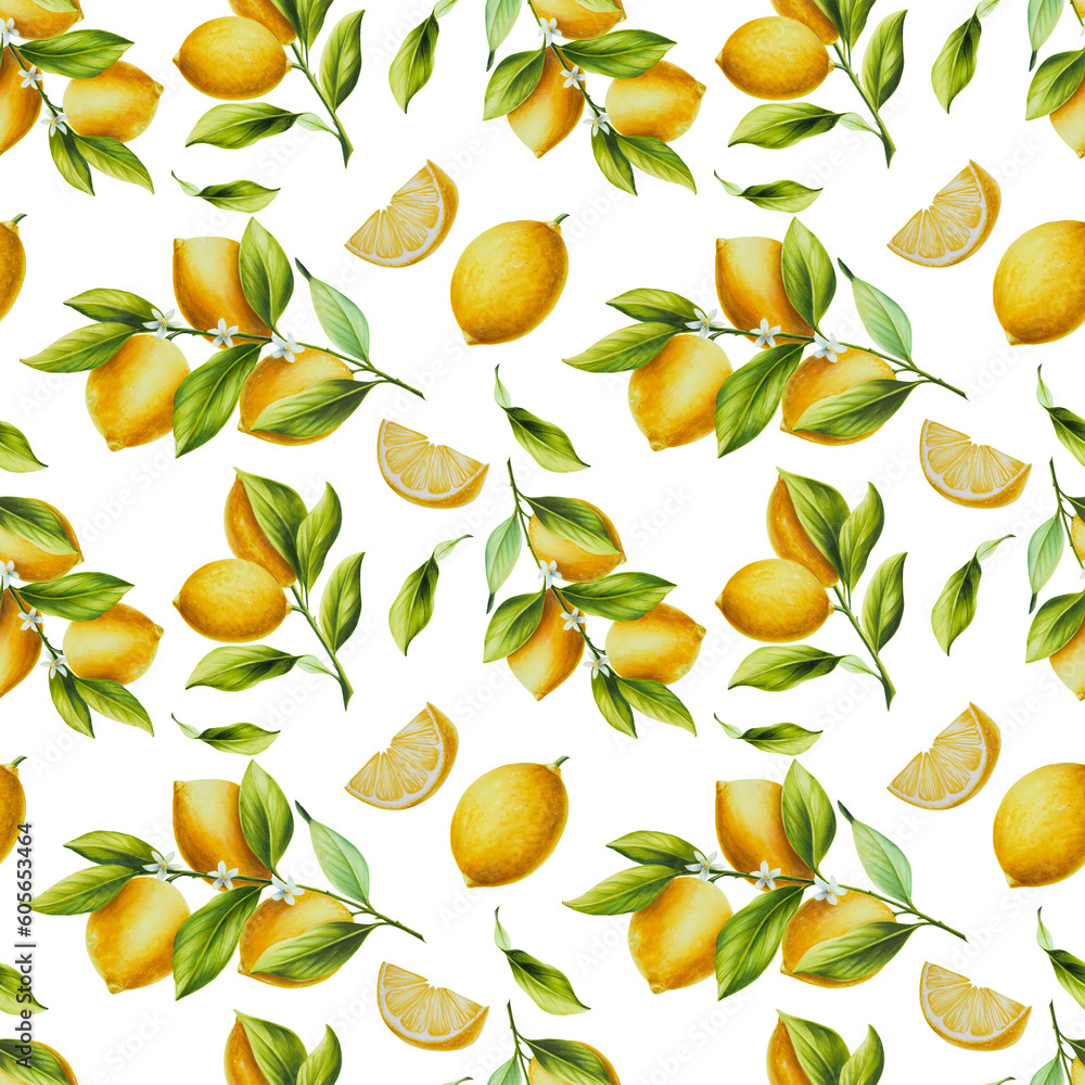 Watercolor seamless pattern with fresh ripe lemon with bright green leaves and flowers. Hand drawn cut citrus slices painting on white background. For designers, postcards, party Invitations, wrapping Watercolor seamless pattern with fresh ripe lemon with bright green leaves and flowers. Hand drawn cut citrus slices painting on white background. For designers, postcards, party Invitations, wrapping
