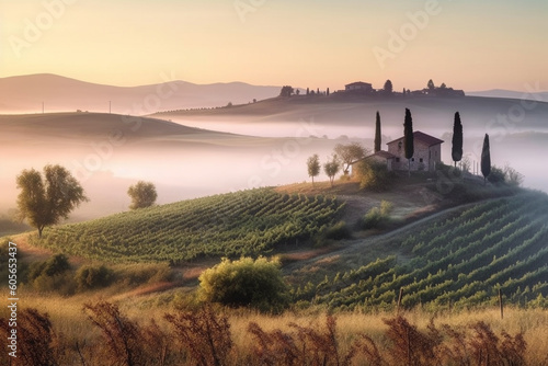 Beautiful morning in Tuscany Italy. Serene morning scene bathed in warm, golden light. Ai generated