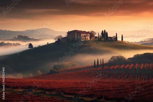 Beautiful morning in Tuscany Italy. Serene morning scene bathed in warm  golden light. Ai generated