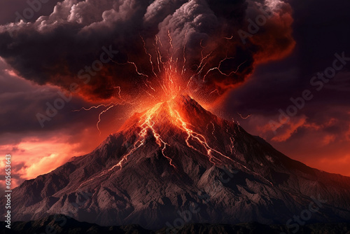 Illustration depicting an immense volcanic eruption. The fiery lava cascades down the slopes, engulfing everything in its path. Ai generated