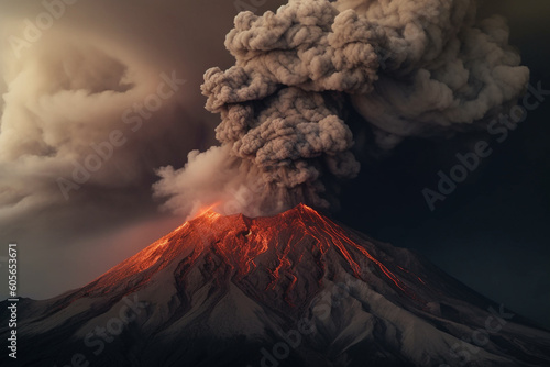 Illustration depicting an immense volcanic eruption. The fiery lava cascades down the slopes, engulfing everything in its path. Ai generated