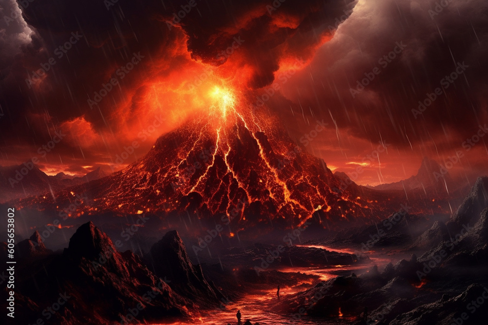 Illustration depicting an immense volcanic eruption. The fiery lava cascades down the slopes, engulfing everything in its path. Ai generated