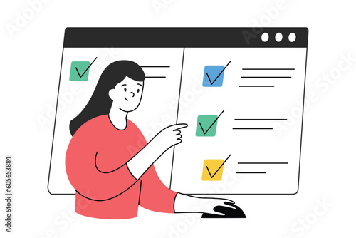Person choosing answers in online test, quiz interface on screen, vector illustration of checkboxes, checkmarks, cartoon woman passing internet exam on computer, leaving feedback in customer research