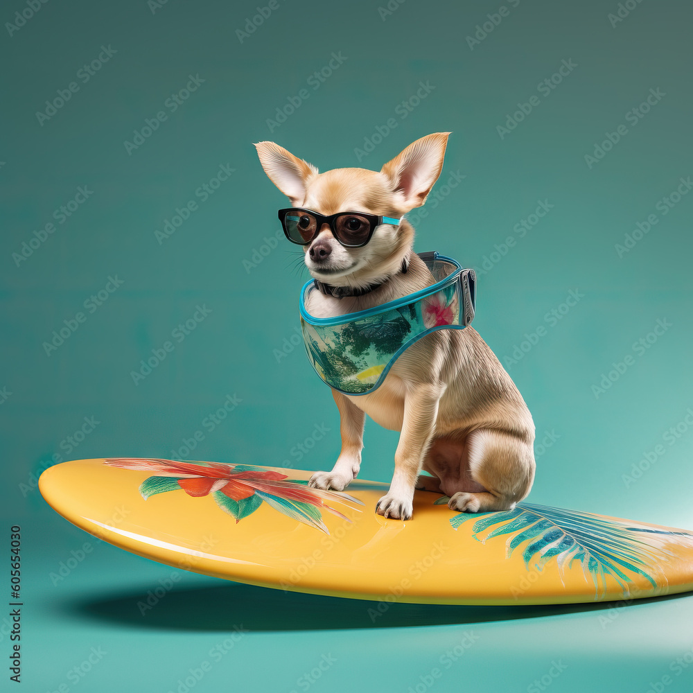 Cute Dog standing on a surfboard surfing. Summer concept. Generative AI