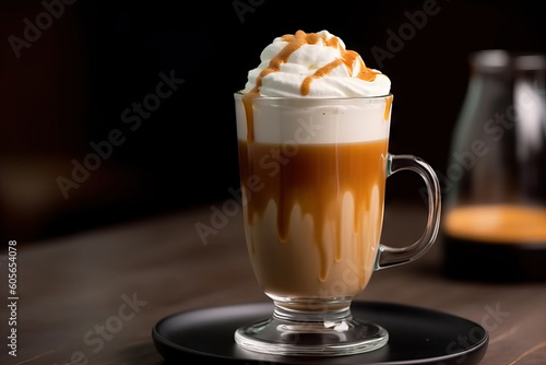 Iced caramel latte topped with whipped cream and caramel sauce, refreshing and sweet coffee drink. Dark background. Generative AI