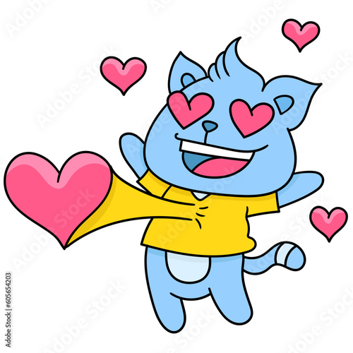 Cartoon doodle of a gray cat wearing a yellow t-shirt with his heart pumping out © Ar_twork/Wirestock Creators