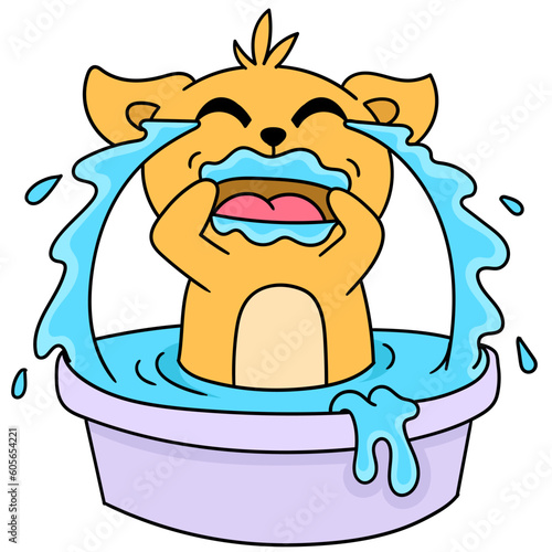 Cartoon doodle of an orange cat crying in a purple basin