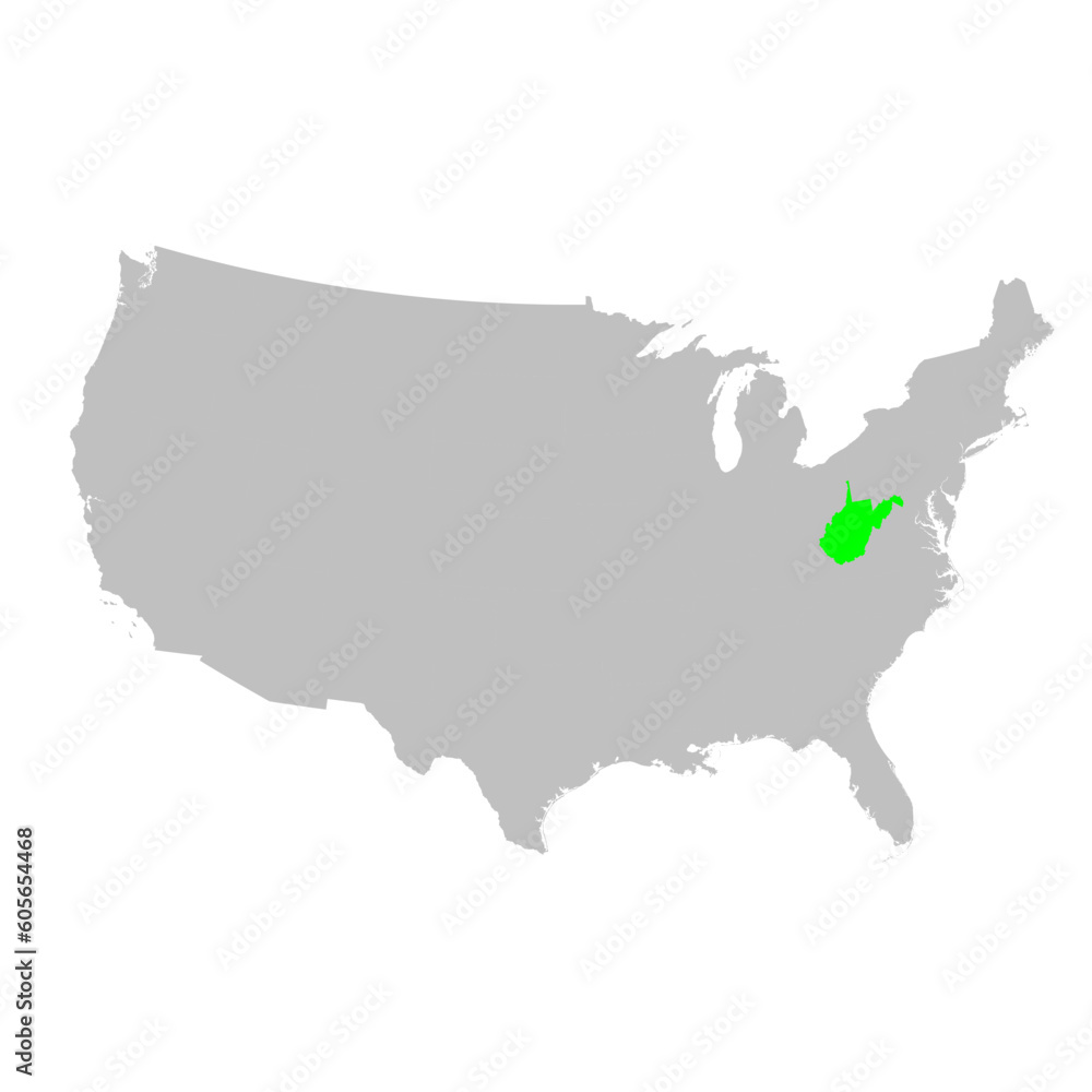 Fototapeta premium Vector map of the state of West Virginia highlighted in Green on a map of the United States of America.