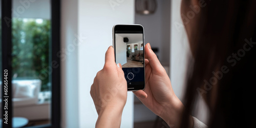 Interior designer woman taking picture of the interior of the house to show the client. Generative AI