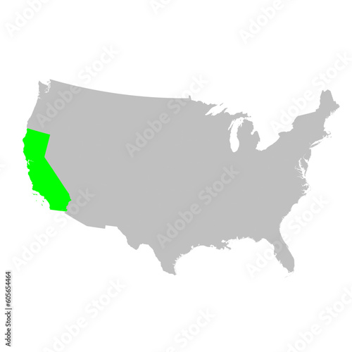 Vector map of the state of California highlighted in Green on a map of the United States of America.