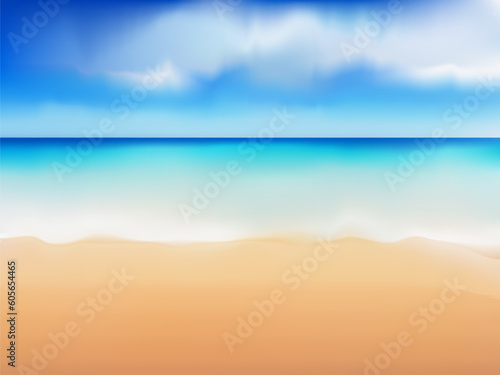 Landscape, summer tropical beach. Azure sea, ocean, surf, blue sky with clouds, sand. Design concept for travel, family vacation. Natural beach background. Vector illustration