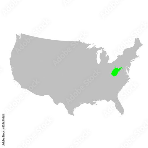 Vector map of the state of West Virginia highlighted in Green on a map of the United States of America.