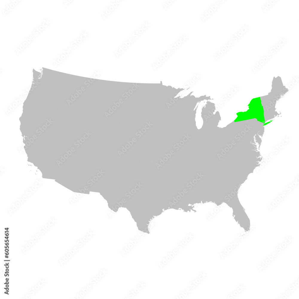 Vector map of the state of New York highlighted in Green on a map of the United States of America.