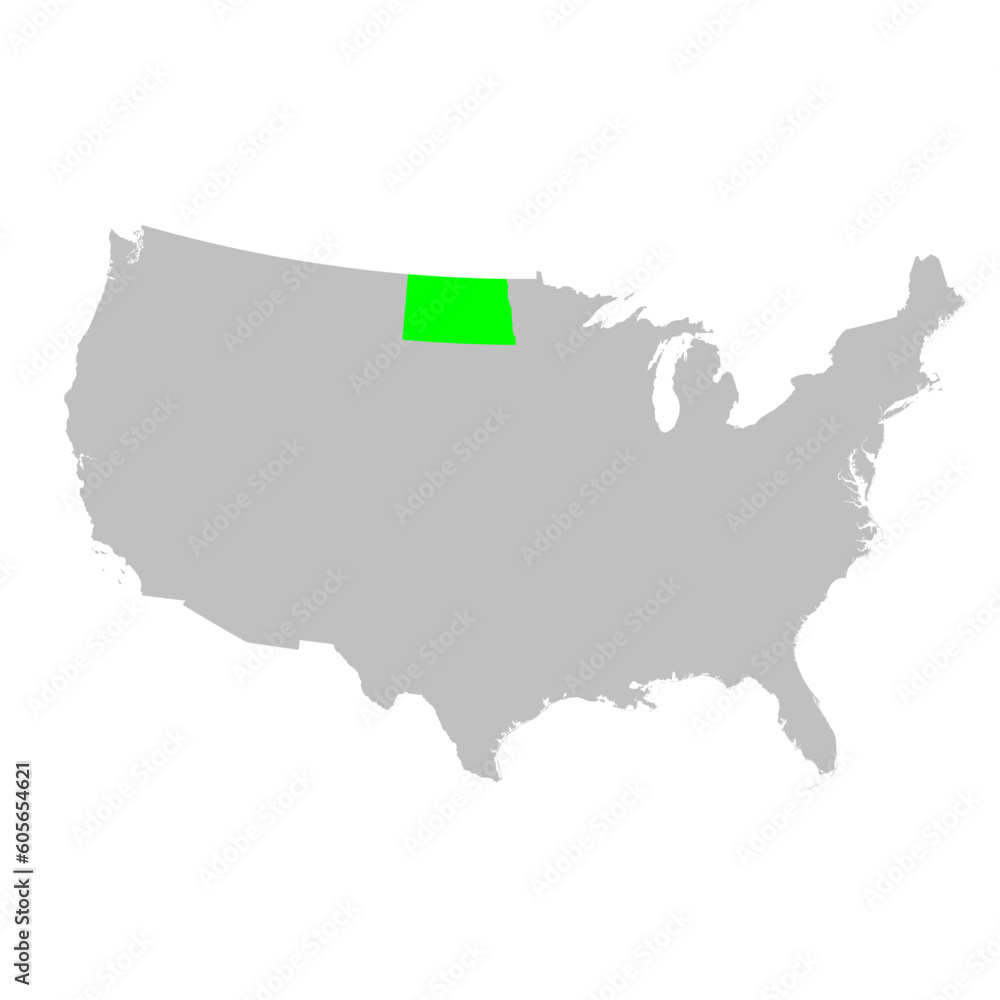 Vector map of the state of North Dakota highlighted in Green on a map of the United States of America.